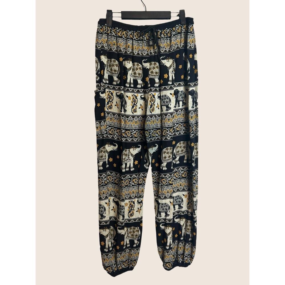 🐘 EARTHBOUND TRADING CO ELEPHANT HAREM BOHO FLOWY JOGGER PANTS BLACK YELLOW XL